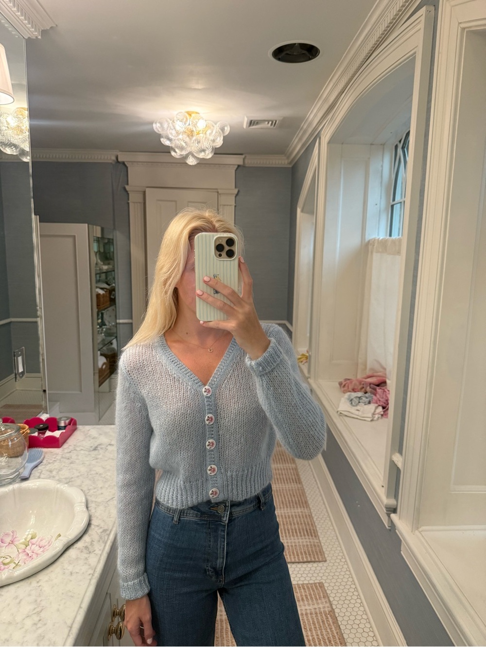 LoveShackFancy Pale Blue V-Neck Button Cardigan